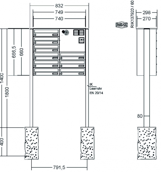RENZ Briefkastenanlage freistehend, Basic B, Edelstahl V4A, Kastenformat 370x110x270mm, mit Klingel - & Lichttaster und Vorbereitung Gegensprechanlage, 9-teilig, zum Einbetonieren